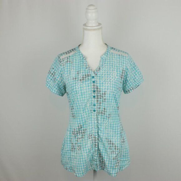 Exofficio Women's Medium Blue White Plaid V-Neck Short Sleeve Button Up Shirt - Picture 1 of 7
